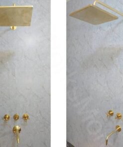 Unlacquered brass wall mount tub filler with squire wall mount showerhead