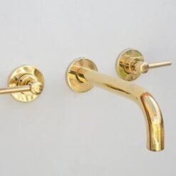 unlacquered brass wall mounted bathroom vessel sink faucet with simple lever handles