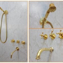 Unlacquered Brass Wall Mount Tub Filler With Handheld Shower Head