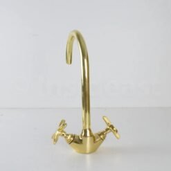 Gooseneck bathroom solid brass faucet, unlacquered brass faucet with flat cross handles