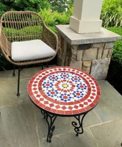 Mosaic Patio Table - Red & Blue Zellige Table - Custom Your Height - Mid Century Design For Outdoor and Indoor