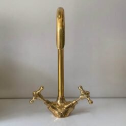 Bathroom and Kitchen Brass Faucet, Gooseneck Faucet, Unlacquered Brass Faucet, Tap Kitchen Faucet With Vintage Cross Handles Hot Cold water