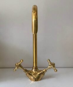 Bathroom and Kitchen Brass Faucet, Gooseneck Faucet, Unlacquered Brass Faucet, Tap Kitchen Faucet With Vintage Cross Handles Hot Cold water