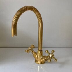 Gooseneck Bathroom Vanity Solid Brass Faucet, Unlacquered Brass with Simple Cross Handles