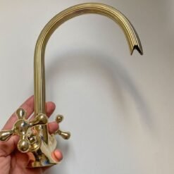 Gooseneck Bathroom Vanity Solid Brass Faucet, Unlacquered Brass with Simple Cross Handles Hot and Cold Water Tap , Brass Kitchen Faucets