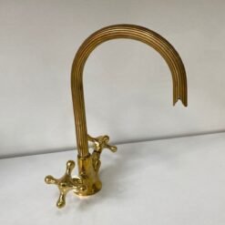 Gooseneck Bathroom Solid Brass Faucet, Unlacquered Brass Faucet with Simple Cross Handles, Kitchen Vanity Faucet , Hot and Cold Water