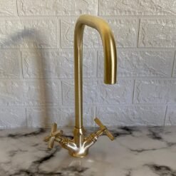 Handcrafted Kitchen Solid Brass Faucet, Matte Finish Unlacquered Brass Faucet with Flat Cross Handles, Brass Farmhouse Bathroom Sink Faucet