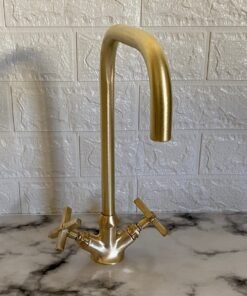 Handcrafted Kitchen Solid Brass Faucet, Matte Finish Unlacquered Brass Faucet with Flat Cross Handles, Brass Farmhouse Bathroom Sink Faucet