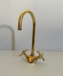 Gooseneck Bathroom Brass Faucet, Handcrafted Unlacquered Brass Sink Faucet, Hot and Cold Sink Tap, Bathroom and Kitchen Brass Antique Faucet