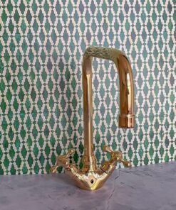Bathroom and Kitchen Sink Faucet, Handmade of Solid Unlacquered Brass with Traditional Simple Handles, Hot and Cold Brass Faucet