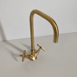 Handcrafted Matte Brass Faucet, Gooseneck Bathroom Solid Brass Faucet, Unlacquered Brass Faucet with Flat Cross Handles, Kitchen Faucet