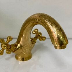 Unlacquered Brass Double handle bathroom sink faucet mixer tap Hand Engraved Gold Finish & Simple cross handles